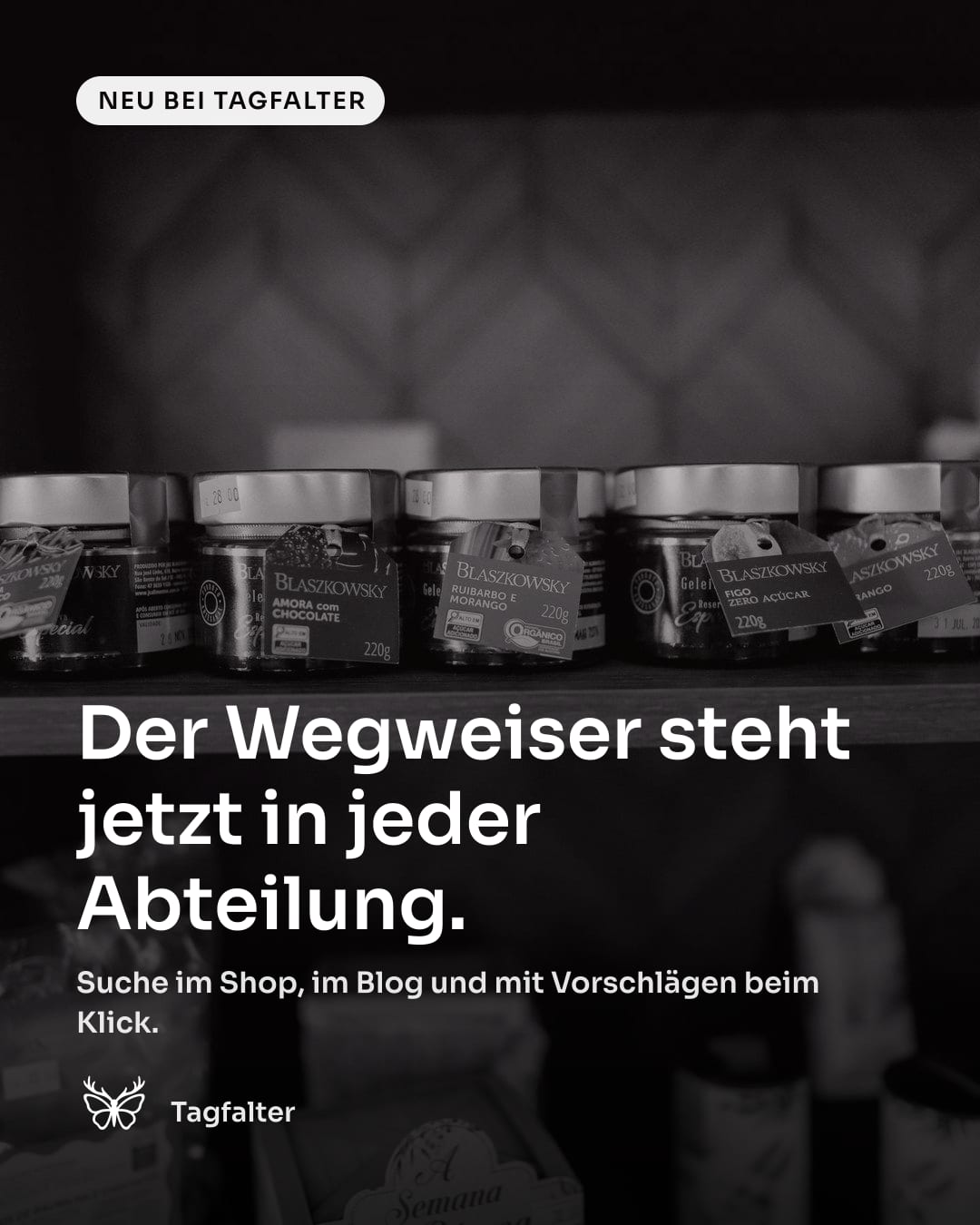 Hände bringen ein Regalschild an einem Holzregal mit Gläsern an. Text im Bild: Neu bei Tagfalter, Der Wegweiser steht jetzt in jeder Abteilung. Suche im Shop, im Blog und mit Vorschlägen beim Klick.