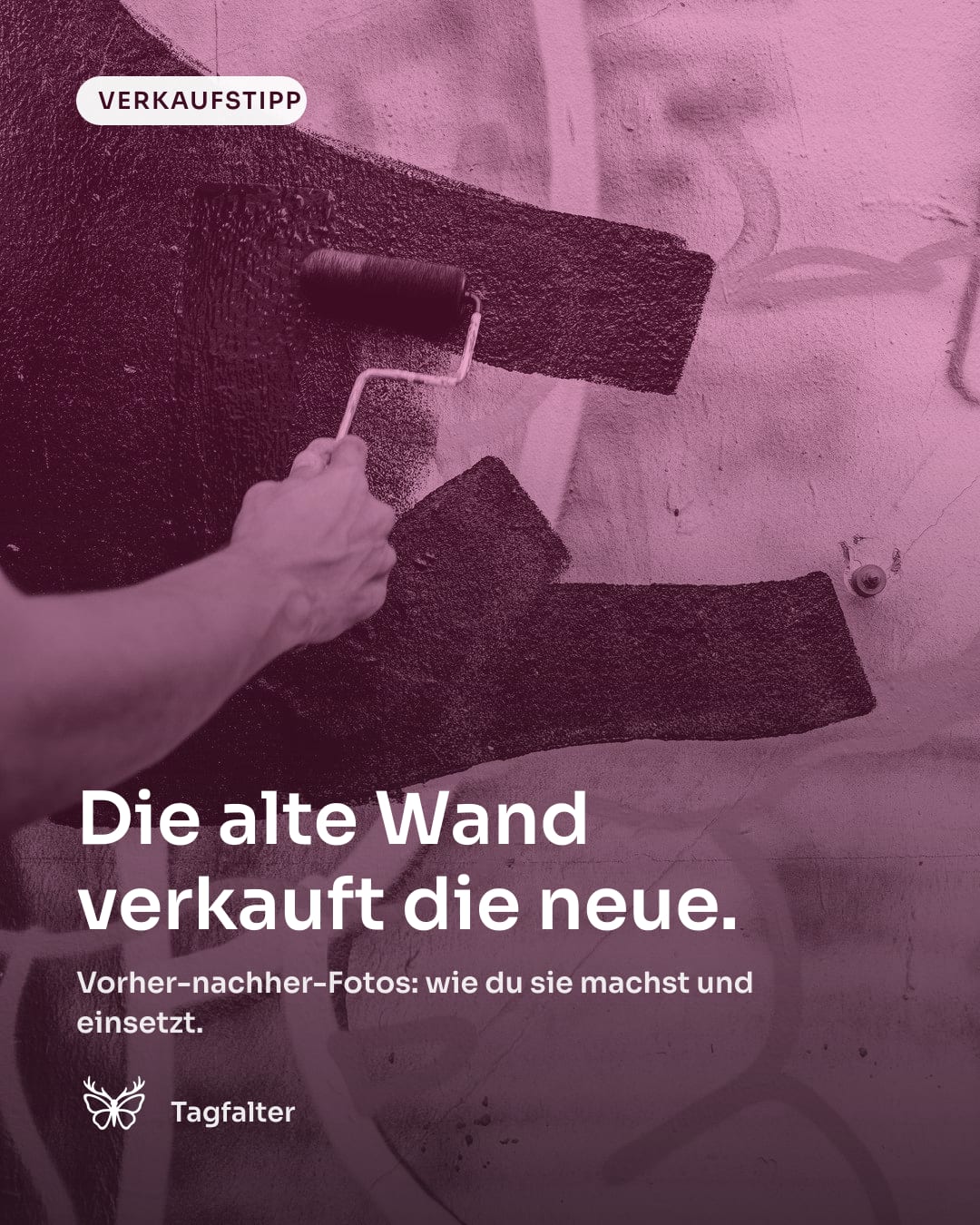 Zwei Hände rollen helle Farbe über eine alte, fleckige Wand, daneben steht ein Farbkübel. Text im Bild: Verkaufstipp, Die alte Wand verkauft die neue. Vorher-nachher-Fotos: wie du sie machst und einsetzt.